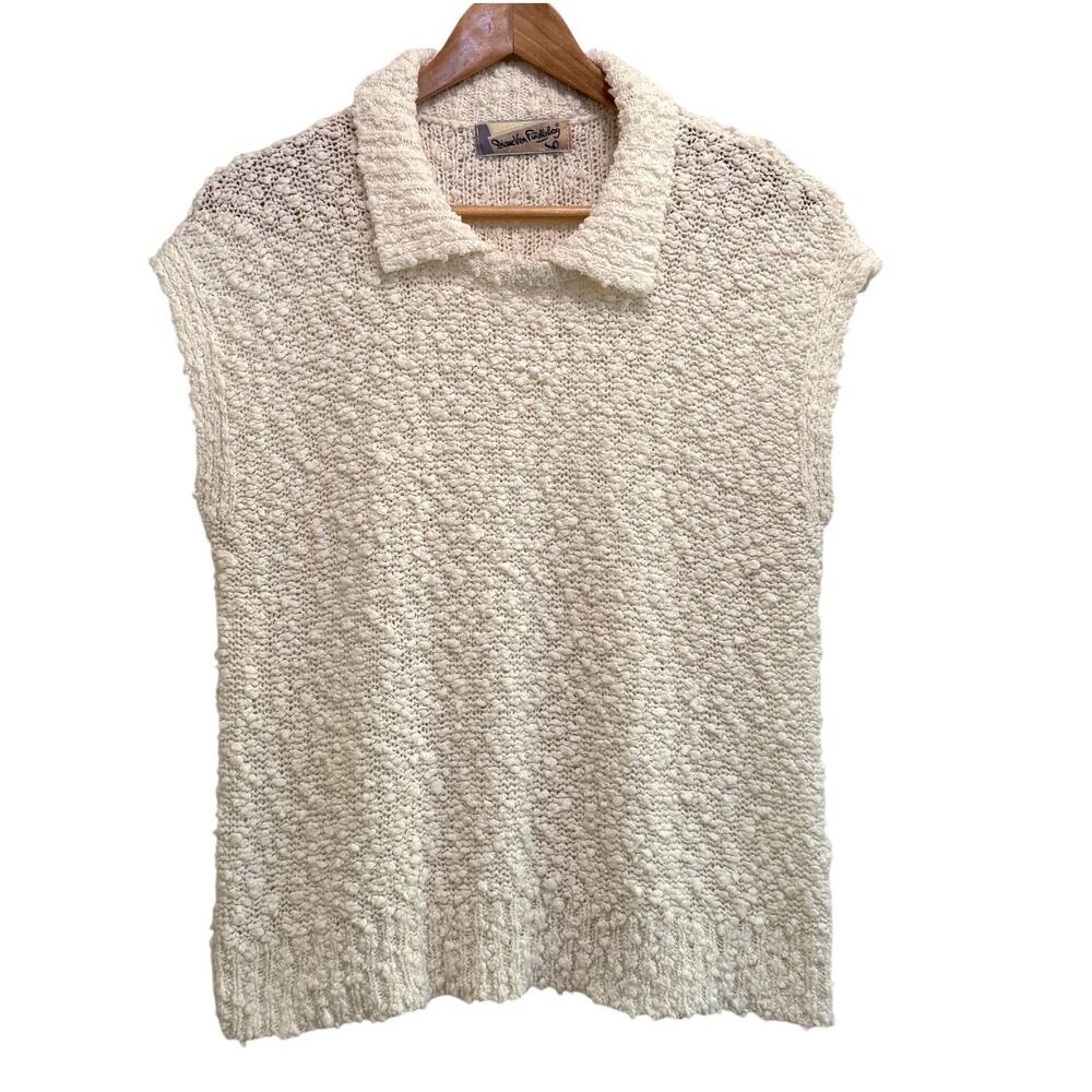 Vintage Diane Von Furstenberg White Textured Knit Collared Sweater Relaxed Fit